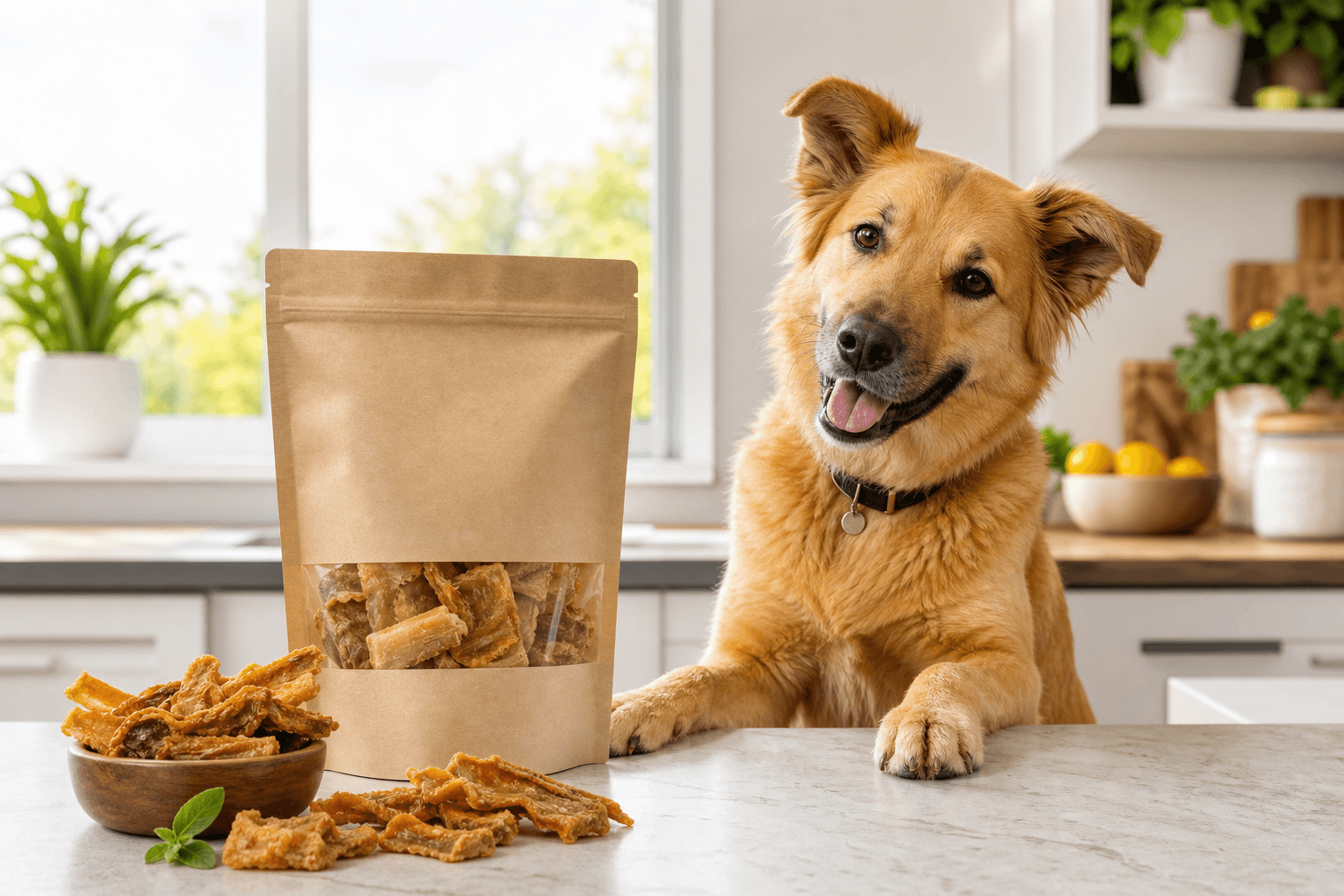 Perro feliz junto a snacks naturales para perros